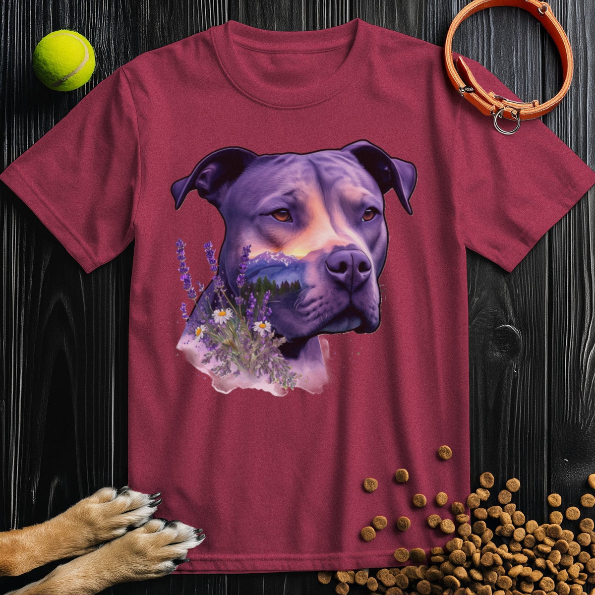 Nature's Guardian Shirt - Pitbull Dog T Shirt in maroon, highlighting a majestic pitbull with lavender flowers, unisex cotton tee for dog lovers.