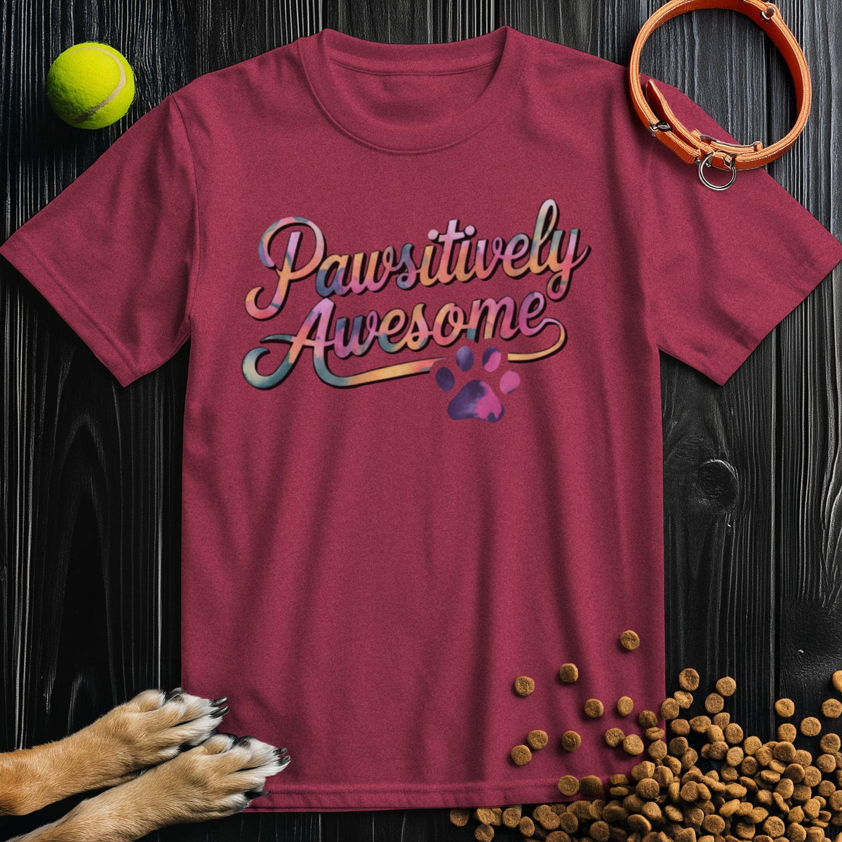 Maroon Pawsitively Awesome Dog Shirt in regular fit cotton, with colorful script and paw graphic, perfect for pet-themed fashion lovers.