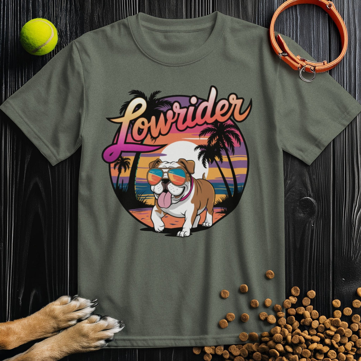 Olive green Lowrider Bulldog Sunset Tee with colorful bulldog and palm tree design. Ethically sourced cotton shirt for everyday comfort.