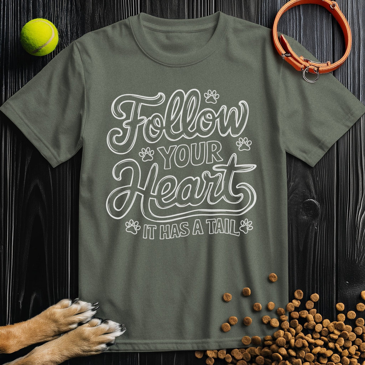 Olive green Dog Lover T-Shirt with bold 'Follow Your Heart It Has A Tail' print, ideal for casual wear and dog lovers.