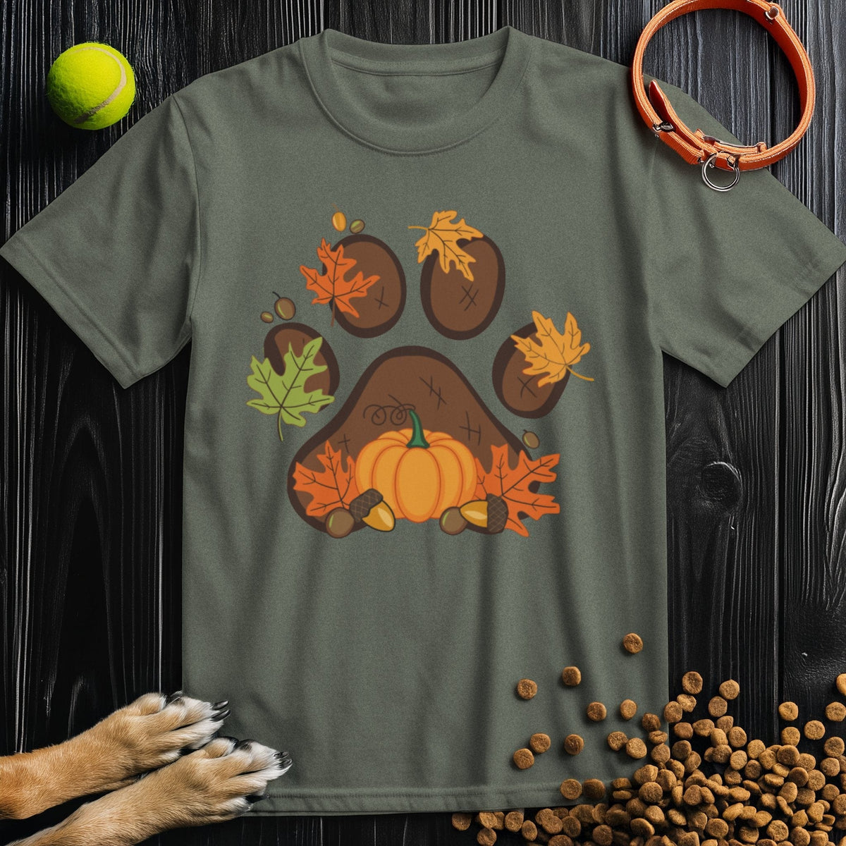 Olive green t-shirt from the Harvest Paw Prints Collection with a seasonal paw print design, made of ethical US cotton for dog lovers.