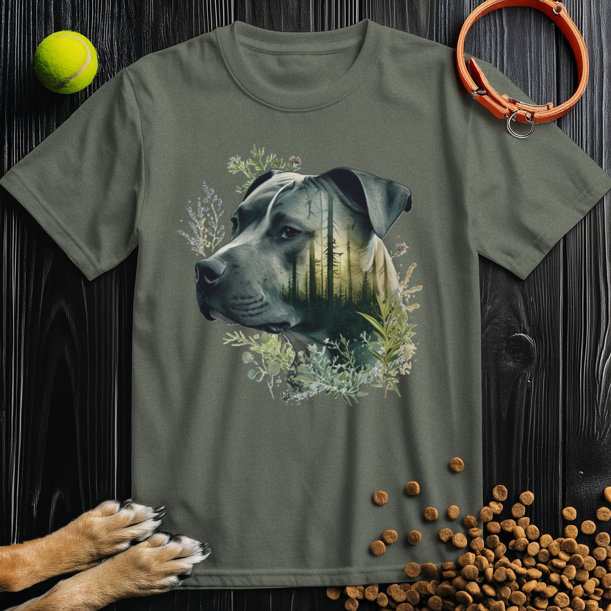 Olive green Pitbull Dog T-Shirt - Forest Dreamer design on 100% cotton tee with nature-themed dog portrait, ideal for pet lovers.