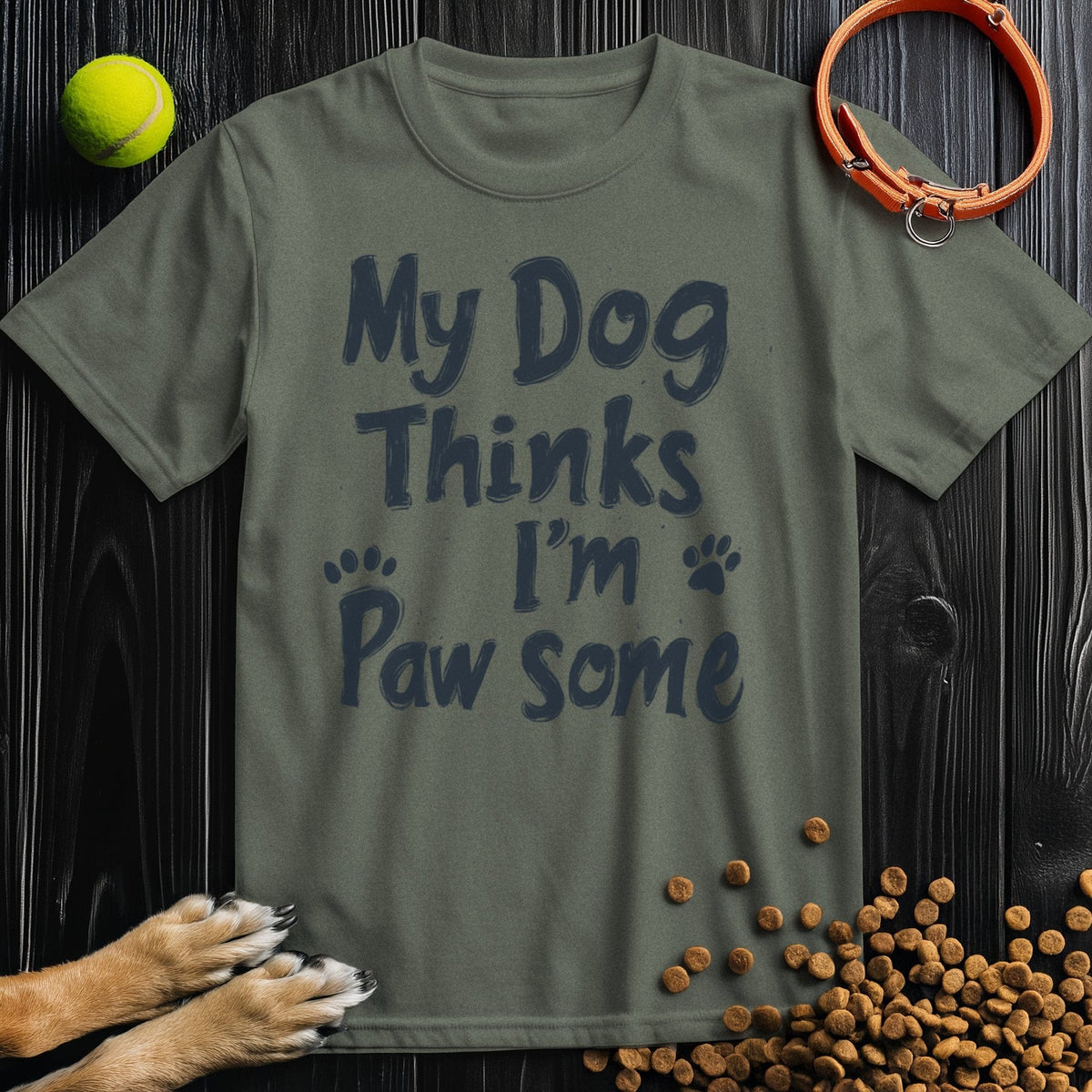 Olive green Pawsome T-Shirt with playful dog message, made from sustainable cotton for year-round comfort and style.