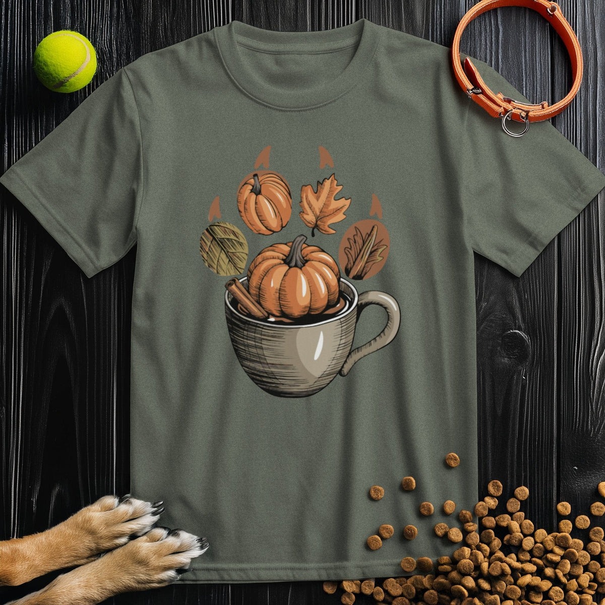 Olive green Autumn Brew Paw T-Shirt featuring autumn cup and pumpkin design, made from premium 100% cotton for cozy seasonal wear.