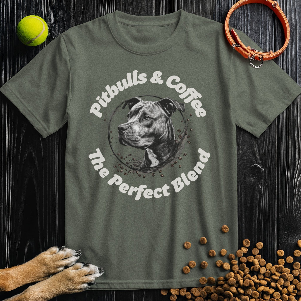 Olive green Pitbulls And Coffee TShirt featuring a pitbull illustration and coffee bean design. Shop premium coffee tshirt designs at Good Boy Mob.