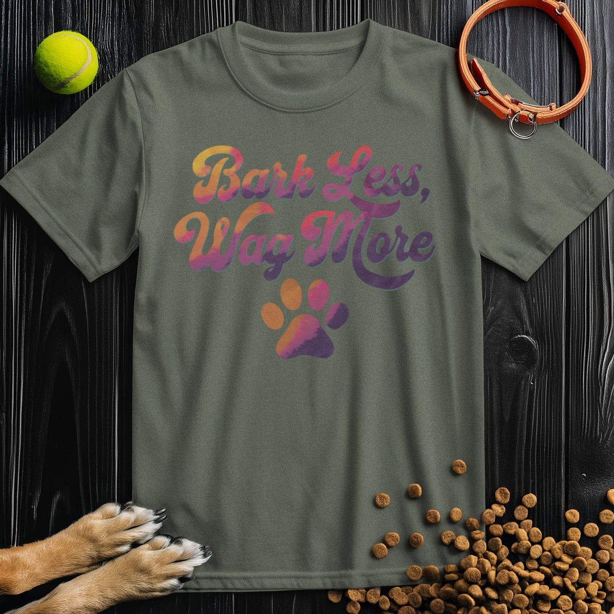 Dog Lover Shirt - Bark Less, Wag More in army green, DTG printed cotton tee with bold text and paw design, ideal for casual pet-themed outfits.