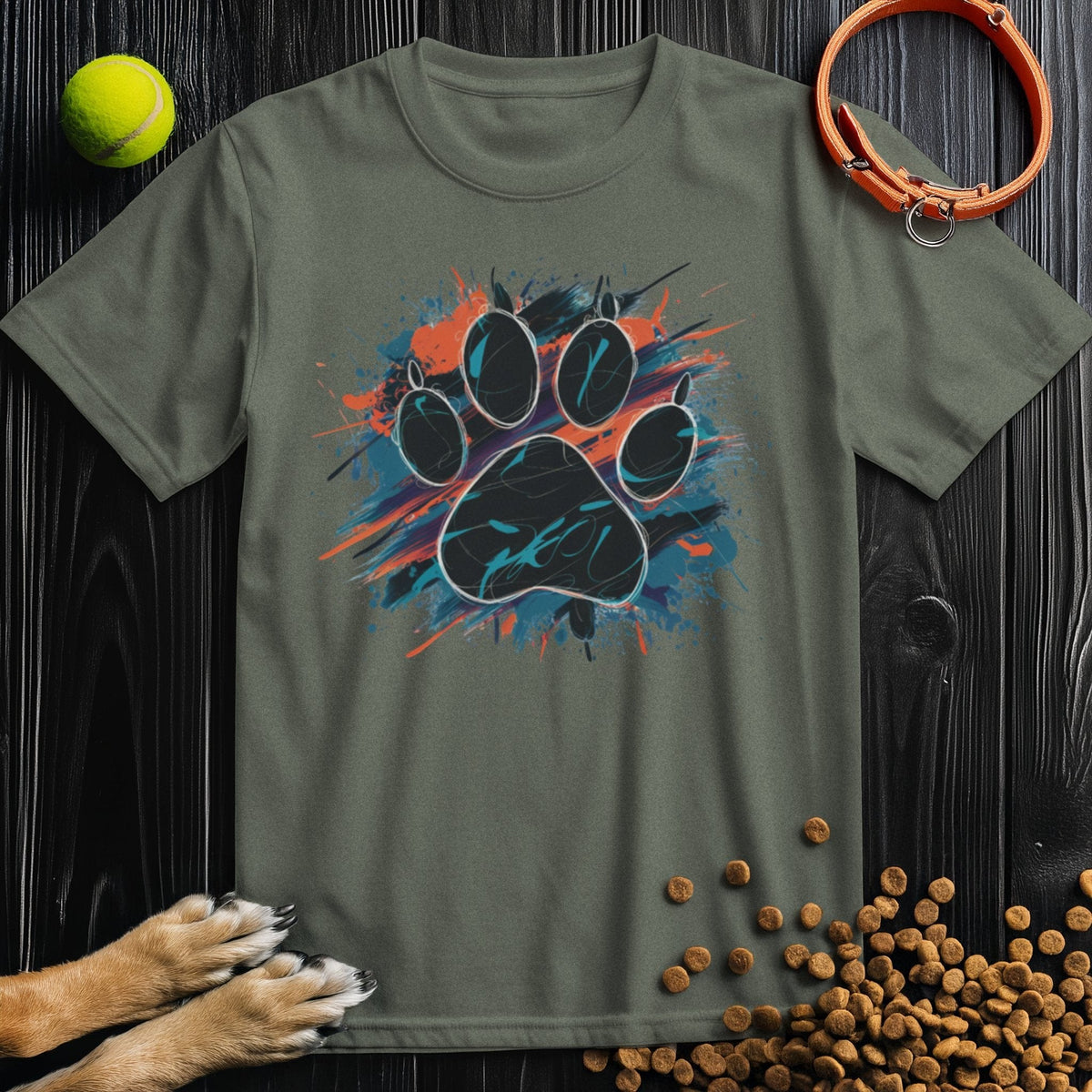 Olive green Urban Dog Paw Print T-Shirt with artistic splash paw print. Unisex cotton tee from Good Boy Mob, ideal for summer wear.