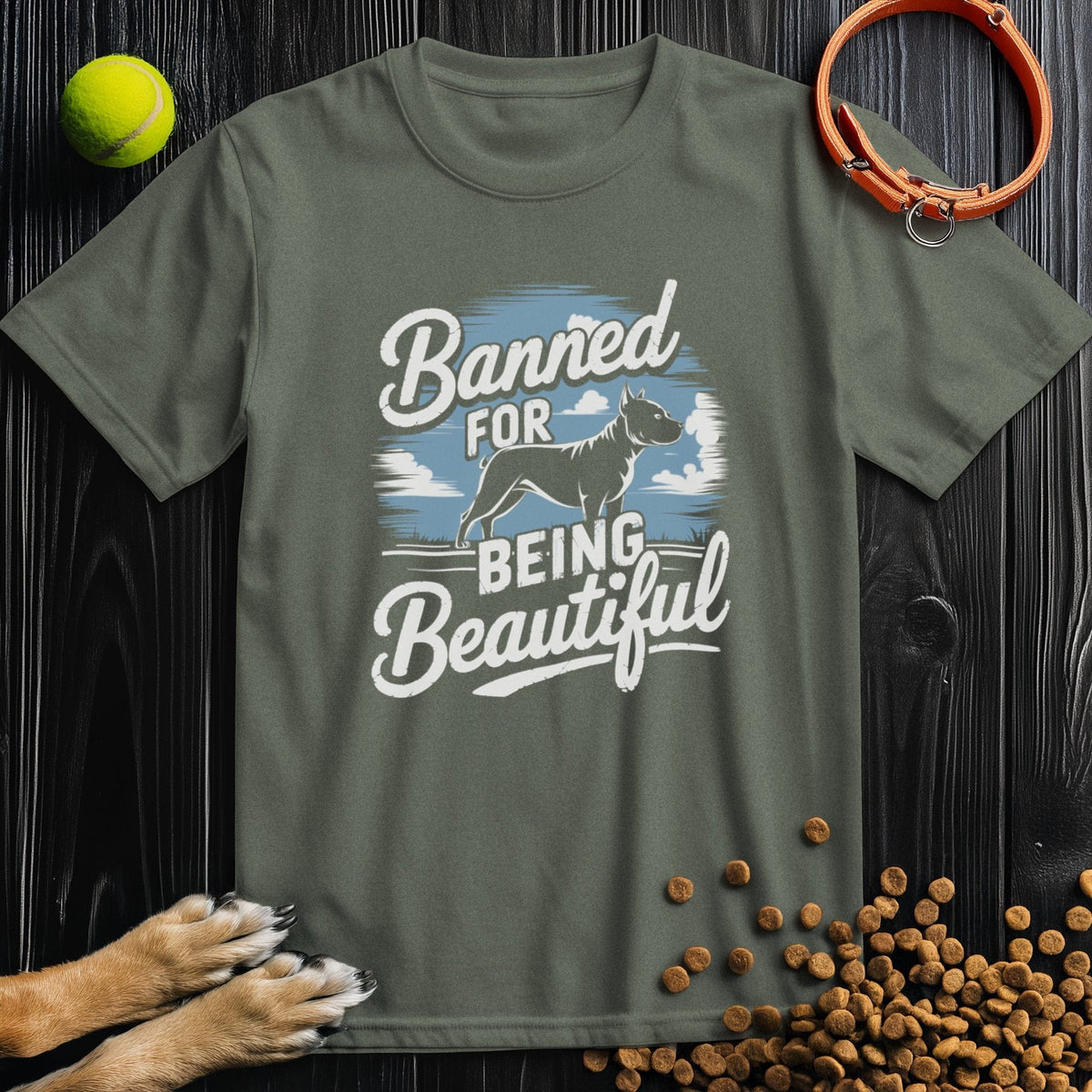 Olive green Banned for Beauty Dog Tee with pitbull silhouette and eco-friendly cotton. A must-have t-shirt for pitbull supporters.