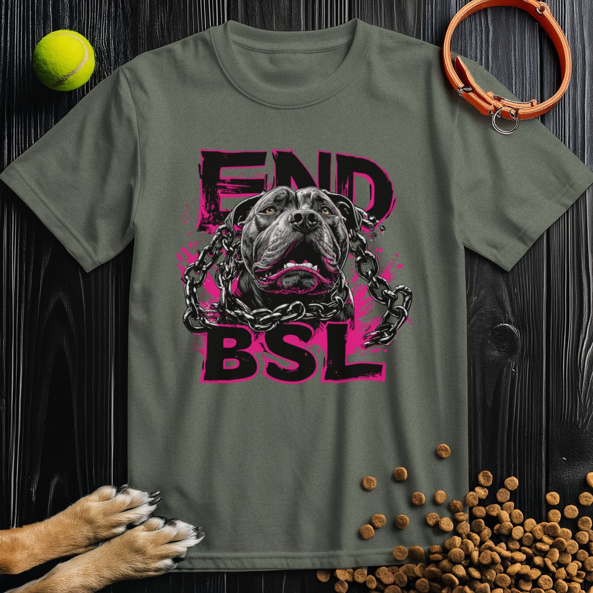 Army green End BSL T-shirt with pit bull breaking chains and pink graffiti-style text. Sustainable US cotton, ideal for casual activism.