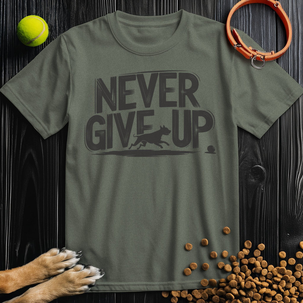 Olive green Never Give Up dog tee shirt in cotton with bold black print, unisex crew neck style for pet lovers and casual wear.