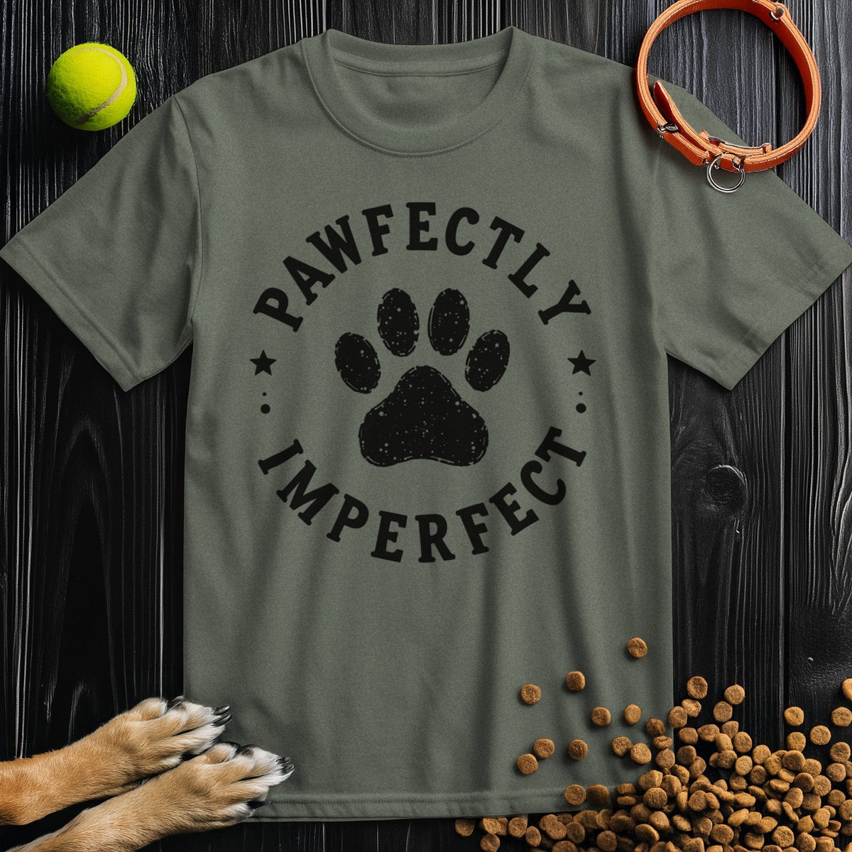 Olive green Pawfectly Imperfect Badge Tee made with ethical cotton. A dog-themed shirt perfect for summer and pet-friendly outings.