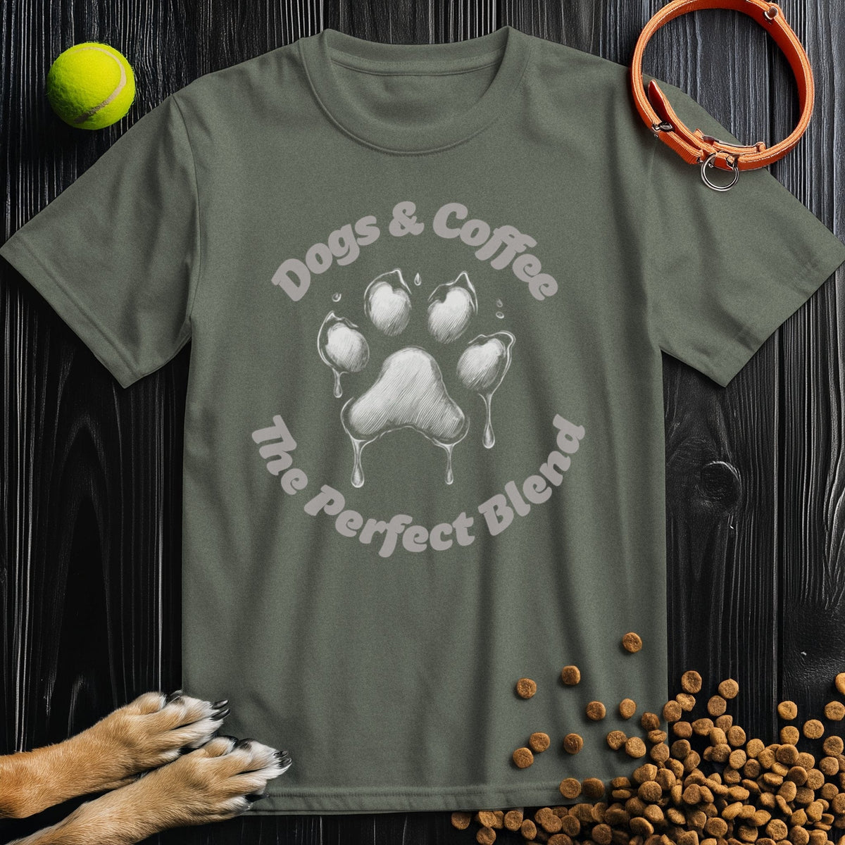 Olive green Dogs & Coffee Tee Shirt with paw print design and cozy fit. Great for casual wear, made from soft cotton by Good Boy Mob.