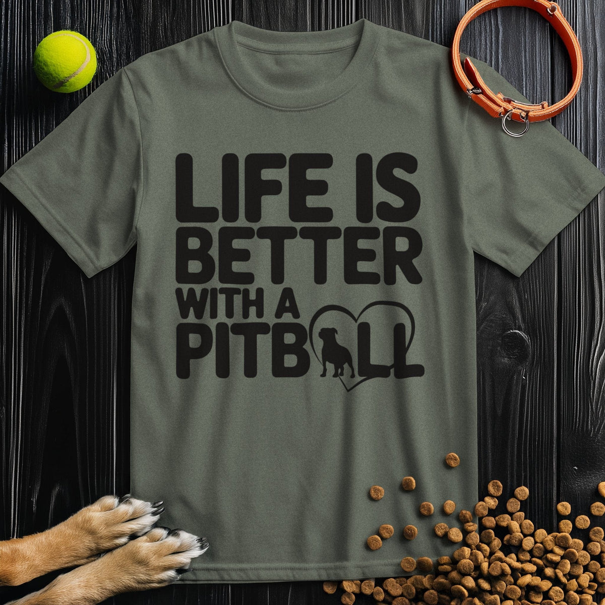 Olive green Pitbull T-Shirt with black dog-themed slogan and heart graphic. Crew neck cotton tee ideal for casual pet-friendly fashion.