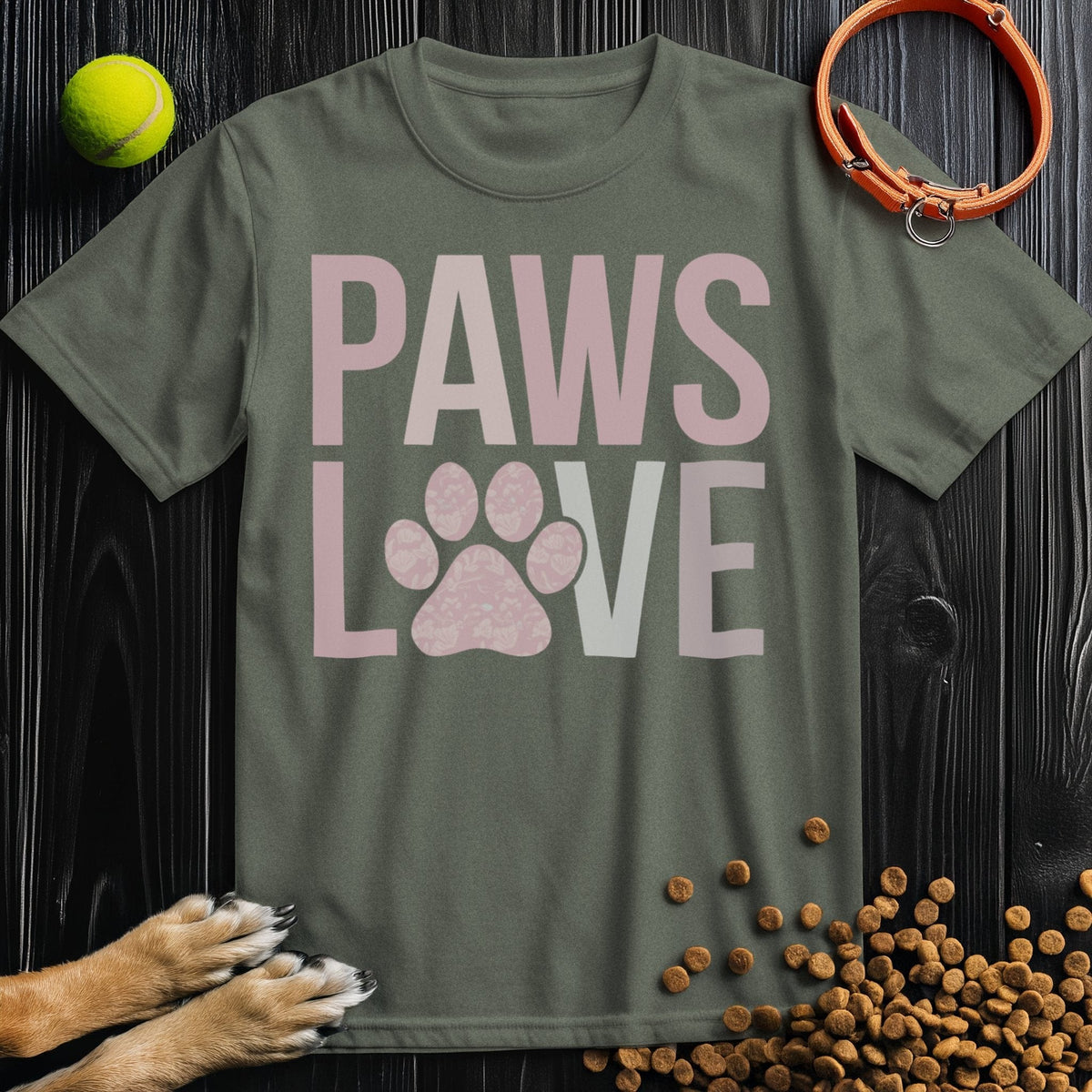 Olive green Paws Love T-Shirt with light pink paw print. Versatile cotton tee for dog enthusiasts, ethically produced and stylish.