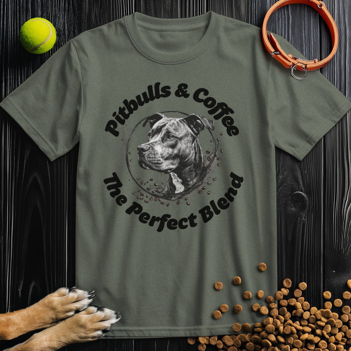 Olive green Pitbull T Shirt with 'The Perfect Blend' coffee and dog design. Unique apparel for pitbull fans and caffeine addicts.