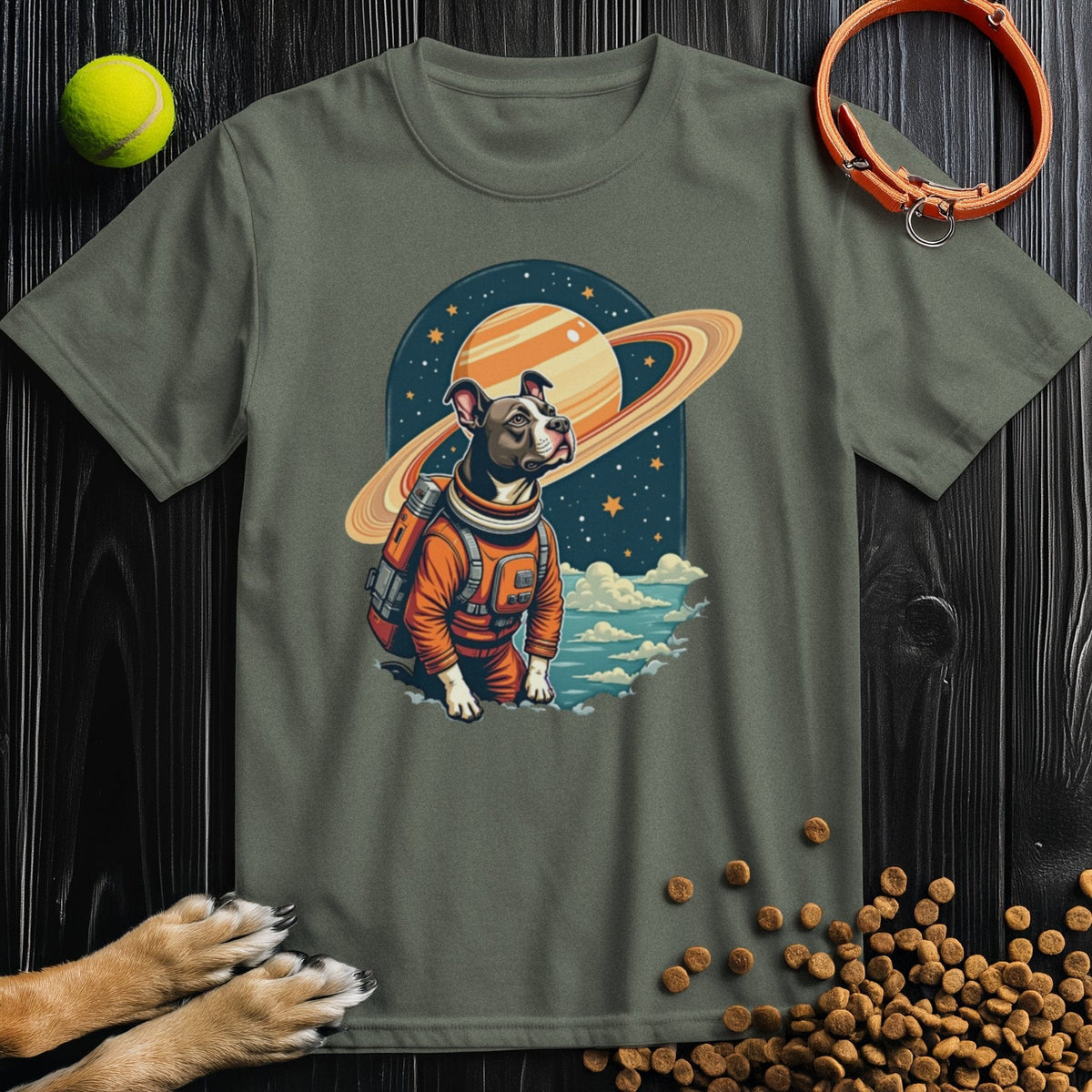 Olive green Cosmic Canine Shirt with a dog in space gear and Saturn. A unique dog lover tee combining comfort and cosmic flair.
