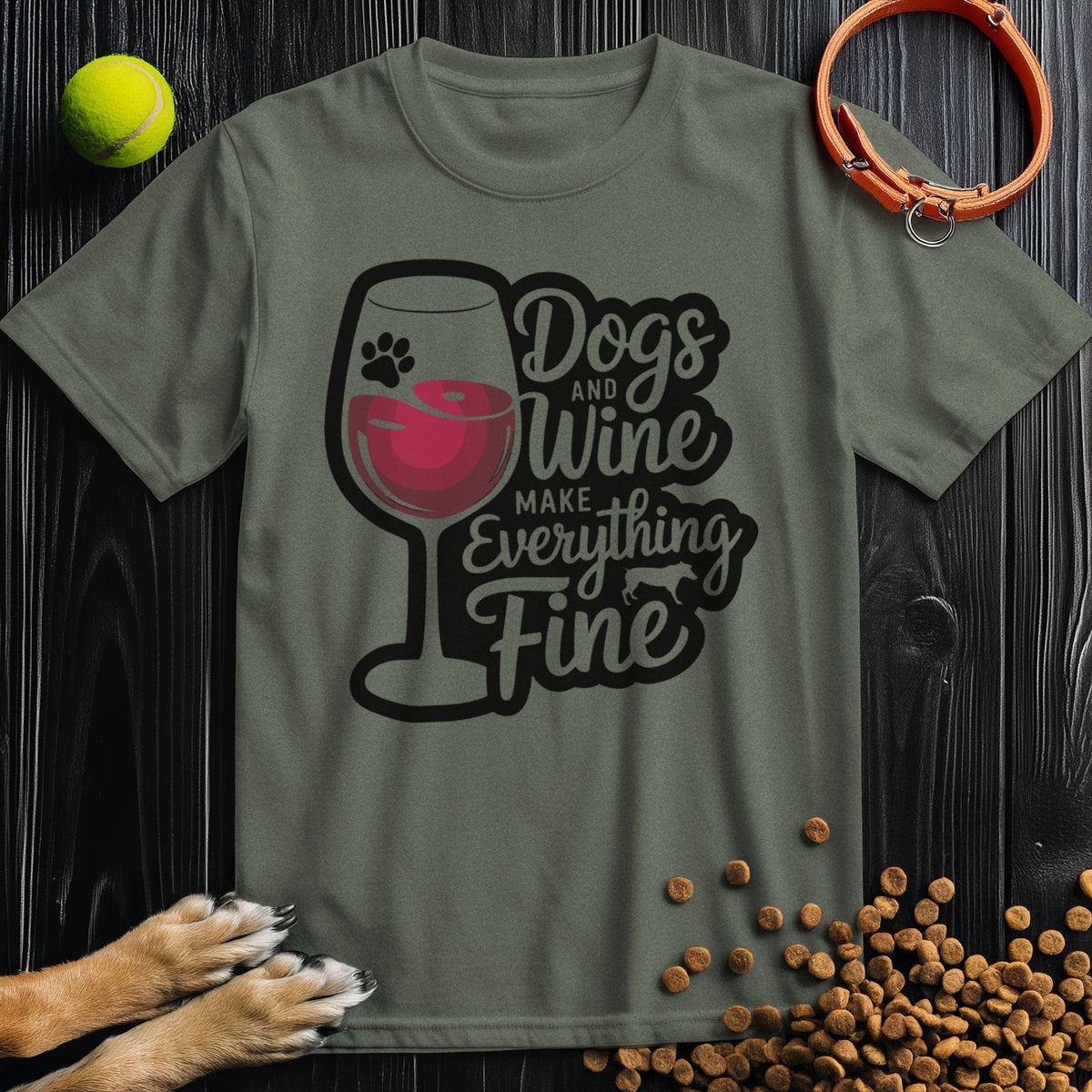 Olive green unisex T-Shirt with dog paw and wine glass print, ethically produced cotton tee for dog and wine lovers.