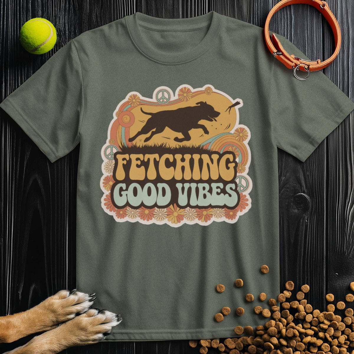 Olive green Good Vibes T-Shirt featuring a dog fetch scene. Sustainable cotton tee for pet lovers and casual fashion fans.