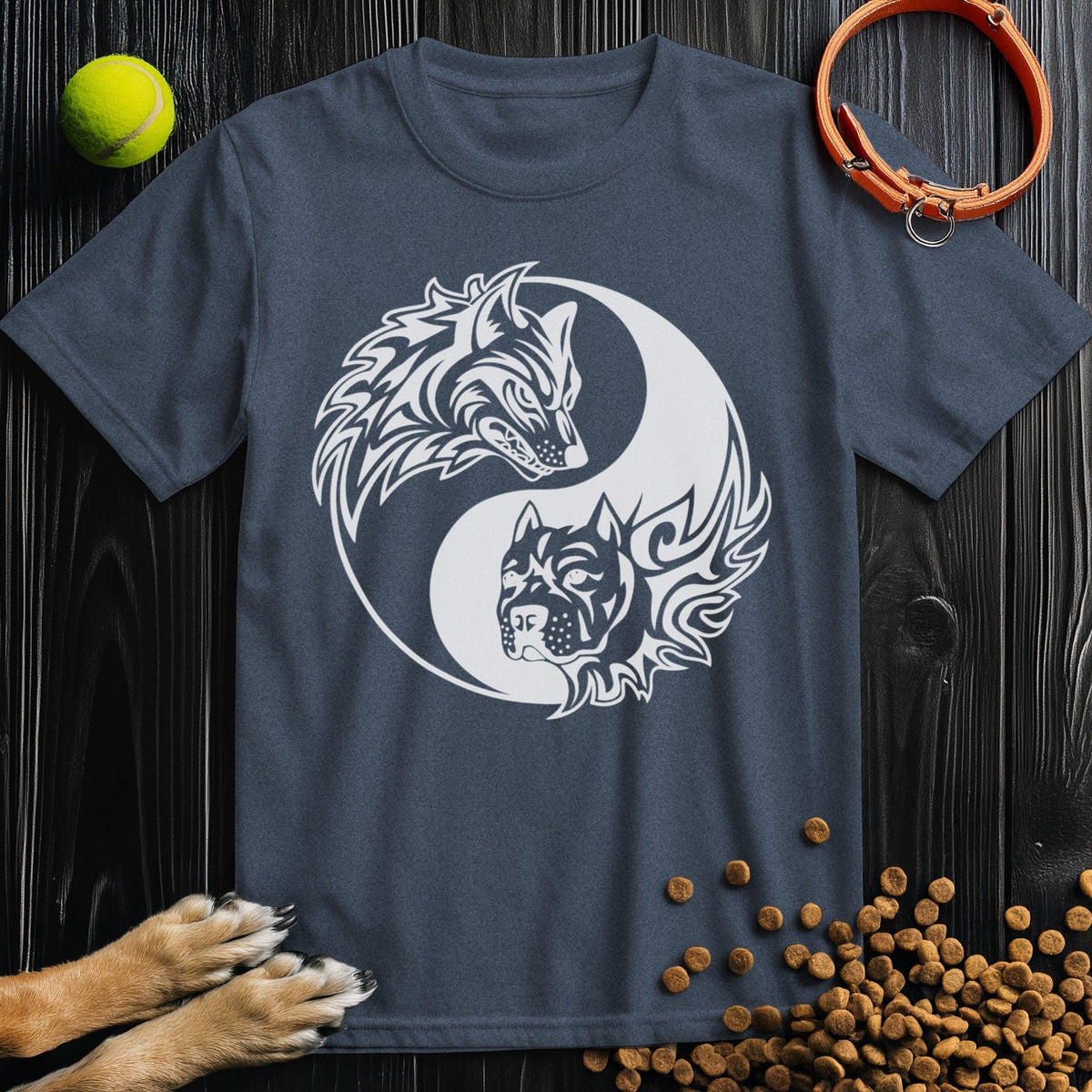 Yin-Yang Wolf & Dog T-Shirt in navy blue featuring a bold white graphic. Made from US cotton, ideal for dog lovers and casual wear.