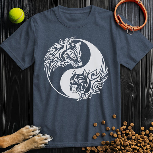 Yin-Yang Wolf & Dog T-Shirt in navy blue featuring a bold white graphic. Made from US cotton, ideal for dog lovers and casual wear.