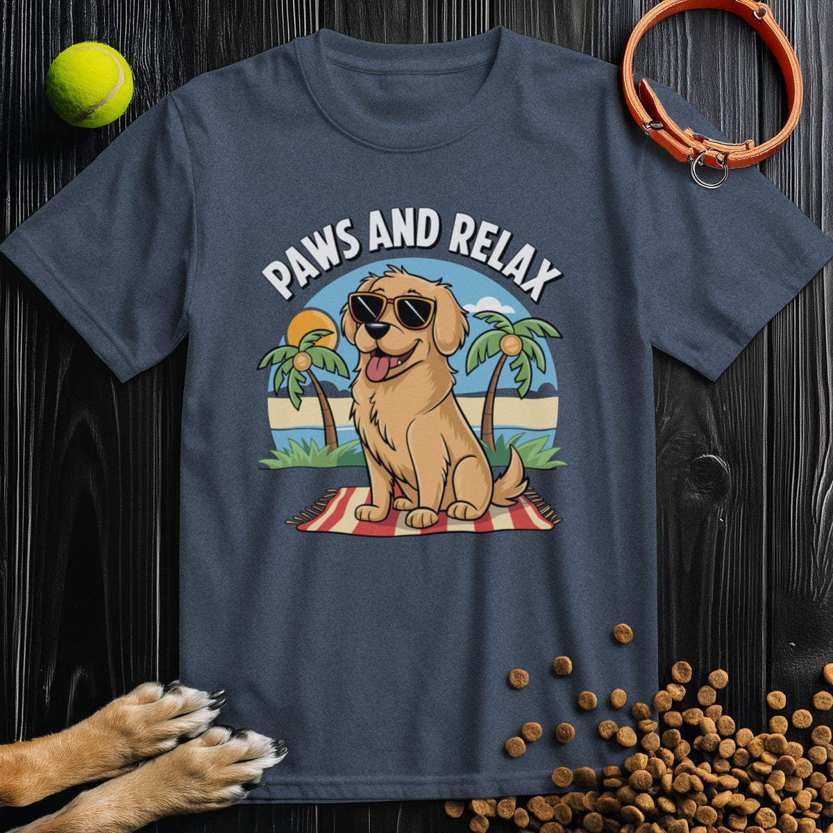 Dog-themed Pup's Day Off T-Shirt in navy blue with a relaxed pup graphic and 'Paws and Relax' text. Ethically sourced cotton fabric.