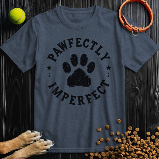 Dog theme shirts in navy blue with 'Pawfectly Imperfect' badge design. Ethical cotton tee ideal for pet lovers and casual wear.
