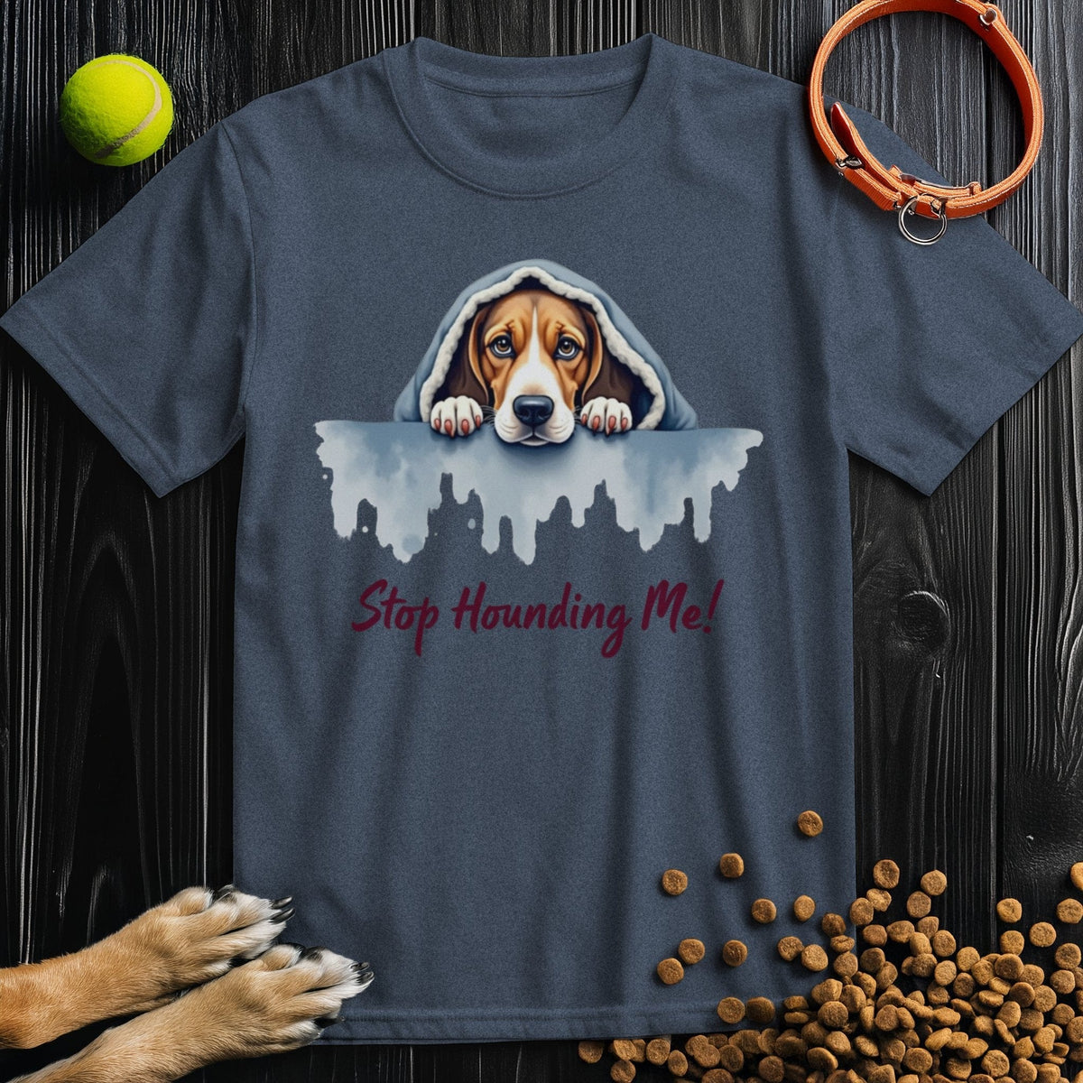 Navy blue Stop Hounding Me T-Shirt with a sad dog watercolor print. Ideal cotton tee for pet lovers seeking casual comfort.
