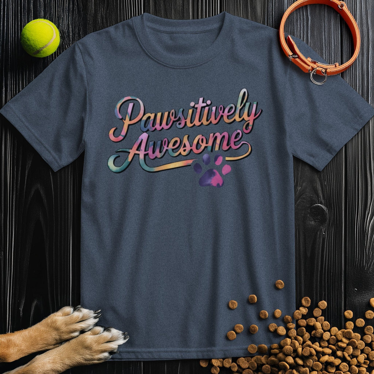 Navy blue Pawsitively Awesome Dog Shirt made of 100% cotton, featuring multicolor script and paw graphic, ideal for pet enthusiasts.
