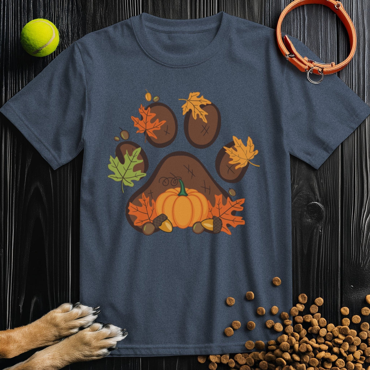 Navy blue Harvest Paw Prints dog t-shirt for humans with autumn leaf and paw print design, crafted from eco-friendly cotton for seasonal wear.