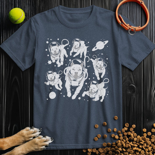 Interstellar Pits T-Shirt in navy blue featuring astronaut pitbull puppies floating in space. Made with ethical US cotton and classic fit.