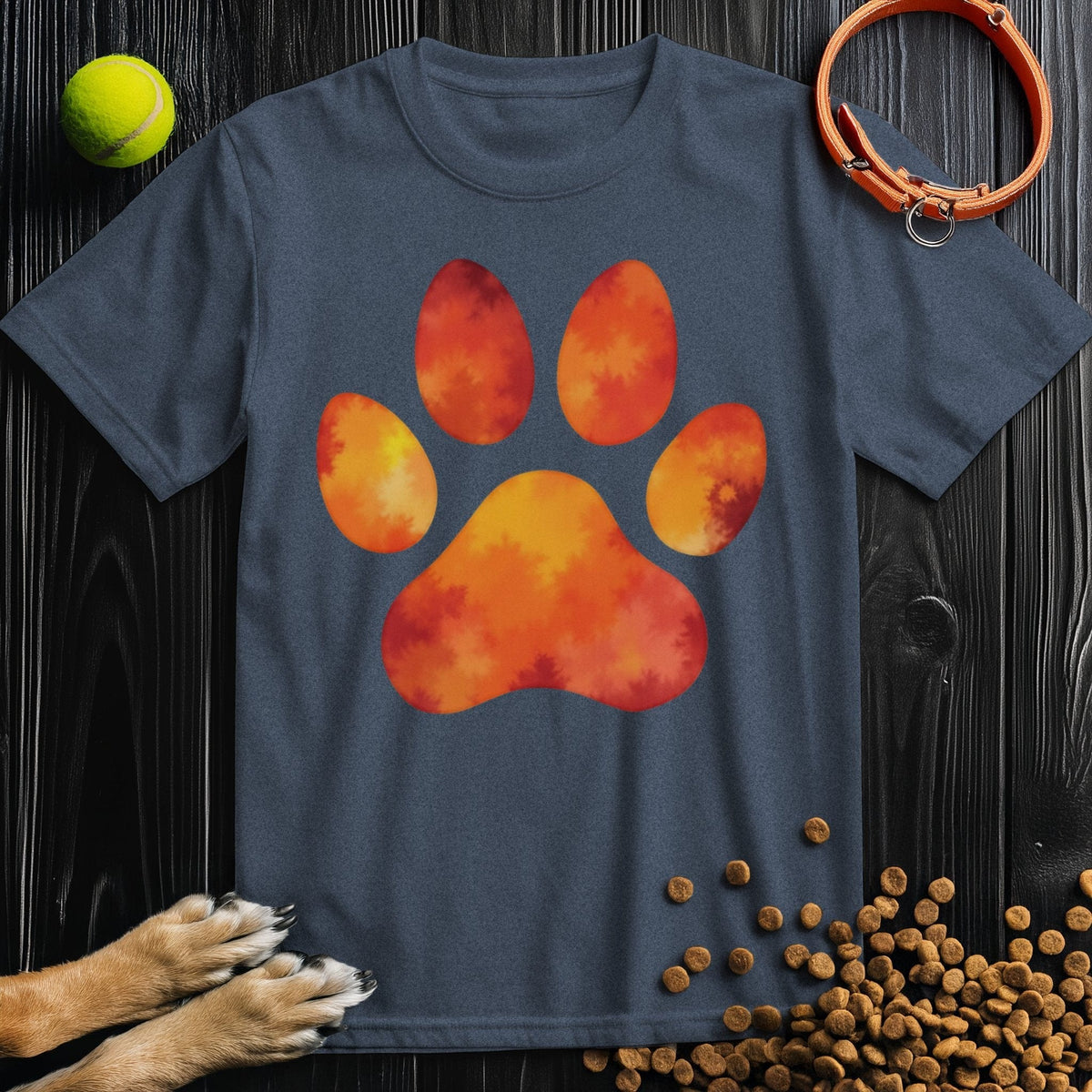Dog Themed Shirts - Autumn Blaze Paw in navy cotton with vibrant fall paw design. Comfortable unisex fit for everyday dog-themed fashion.