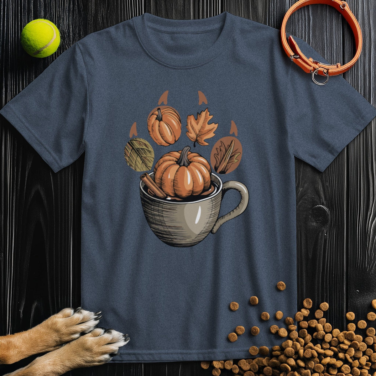 Dark blue Autumn Brew Paw T-Shirt featuring cozy fall cup and pumpkin print, made from ethical 100% cotton for autumn comfort.