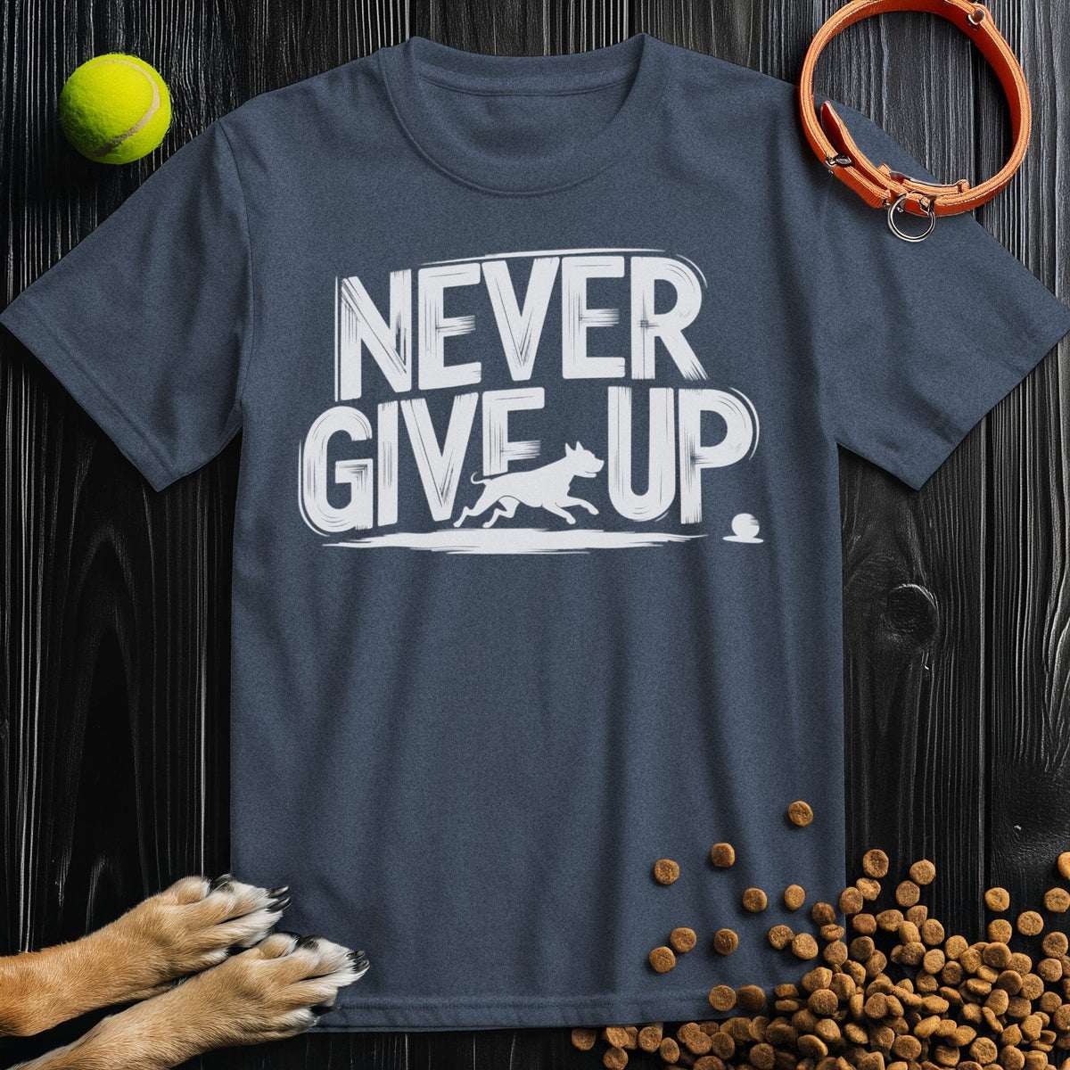 Never Give Up Tee in navy blue featuring bold white dog-themed print. 100% cotton unisex dog t-shirt, perfect for casual summer wear.