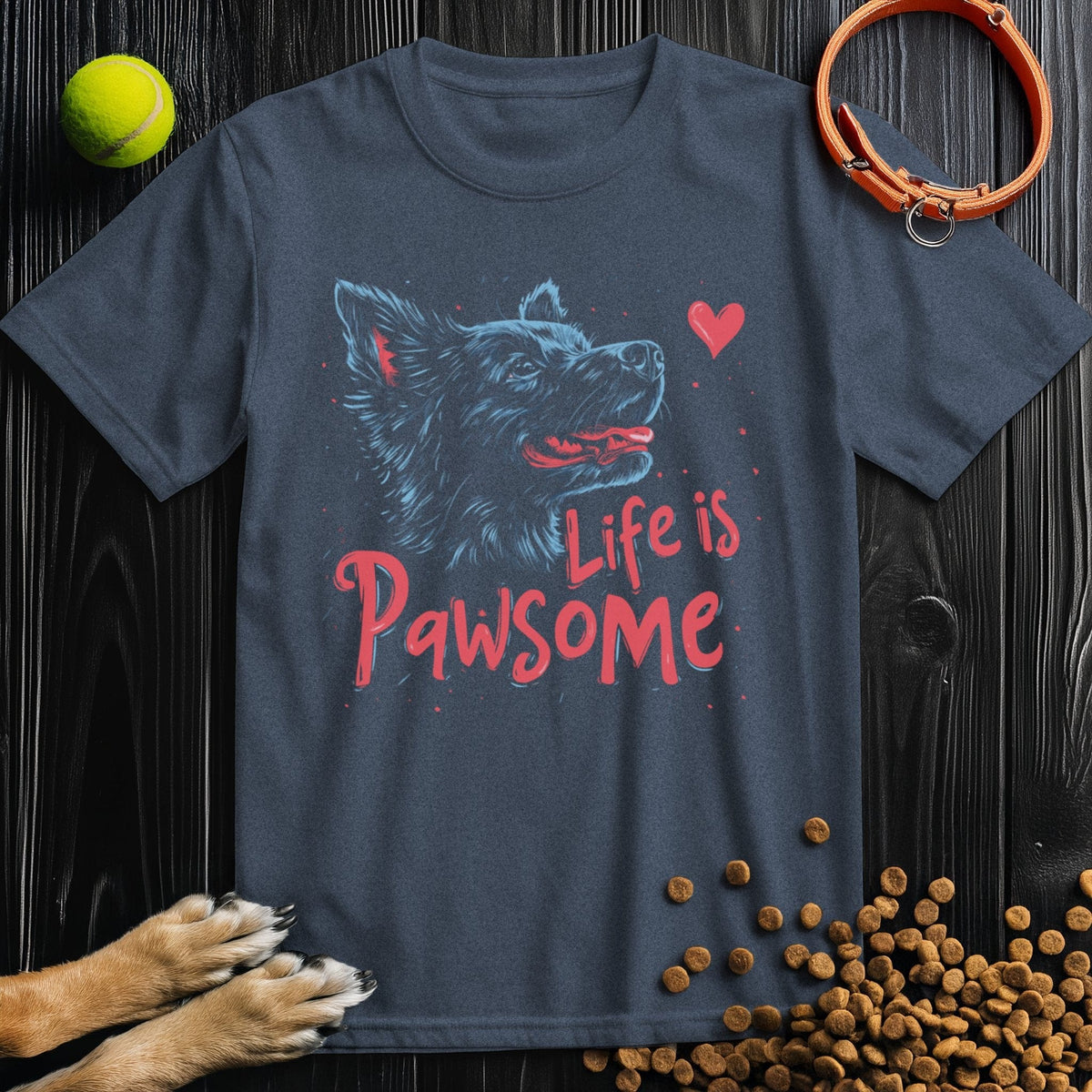 Navy blue Life Is Pawsome T-Shirt with a detailed dog graphic and heart. Unisex cotton shirt ideal for dog enthusiasts and casual wear.