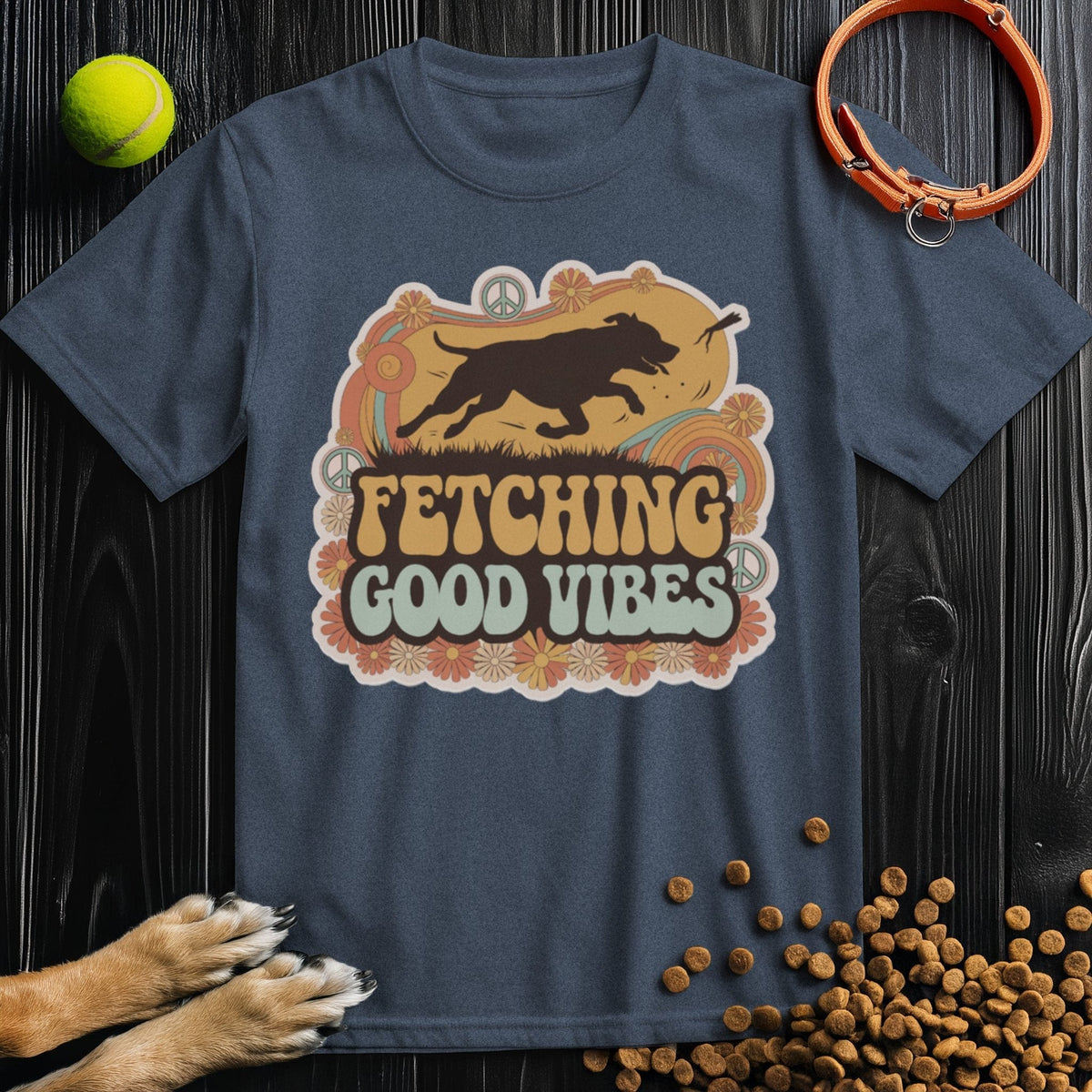 Dog theme Good Vibes T-Shirt in navy blue, featuring a playful fetch graphic. Ethically made from soft ring-spun cotton.