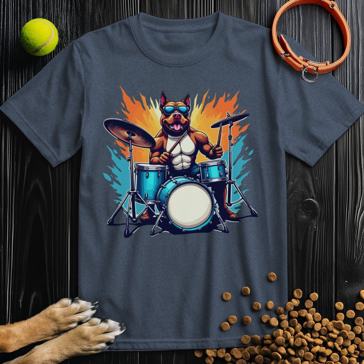 Premium Drum Dog T-Shirt in navy blue with a bold drum-playing dog graphic. Made from soft US cotton for everyday comfort and style.