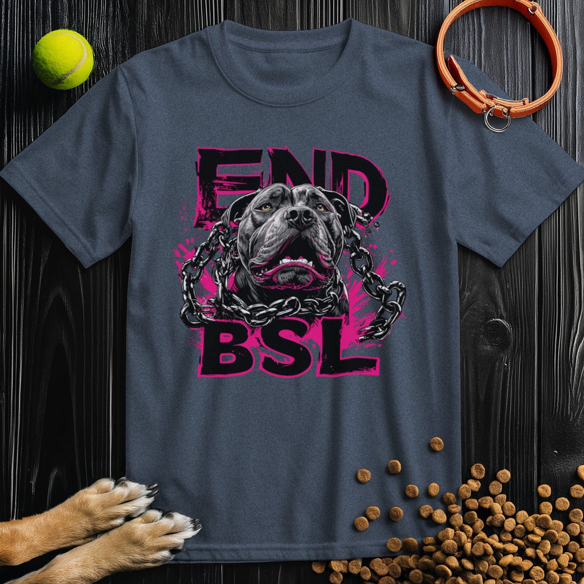 Charcoal gray End BSL T-shirt with pit bull and broken chains design in pink. Classic fit, US-made cotton for ethical fashion lovers.