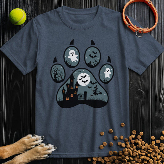 Wicked Paw Print Tee in navy blue featuring a spooky dog paw design with ghosts and bats. Made from 100% cotton for comfort and style.