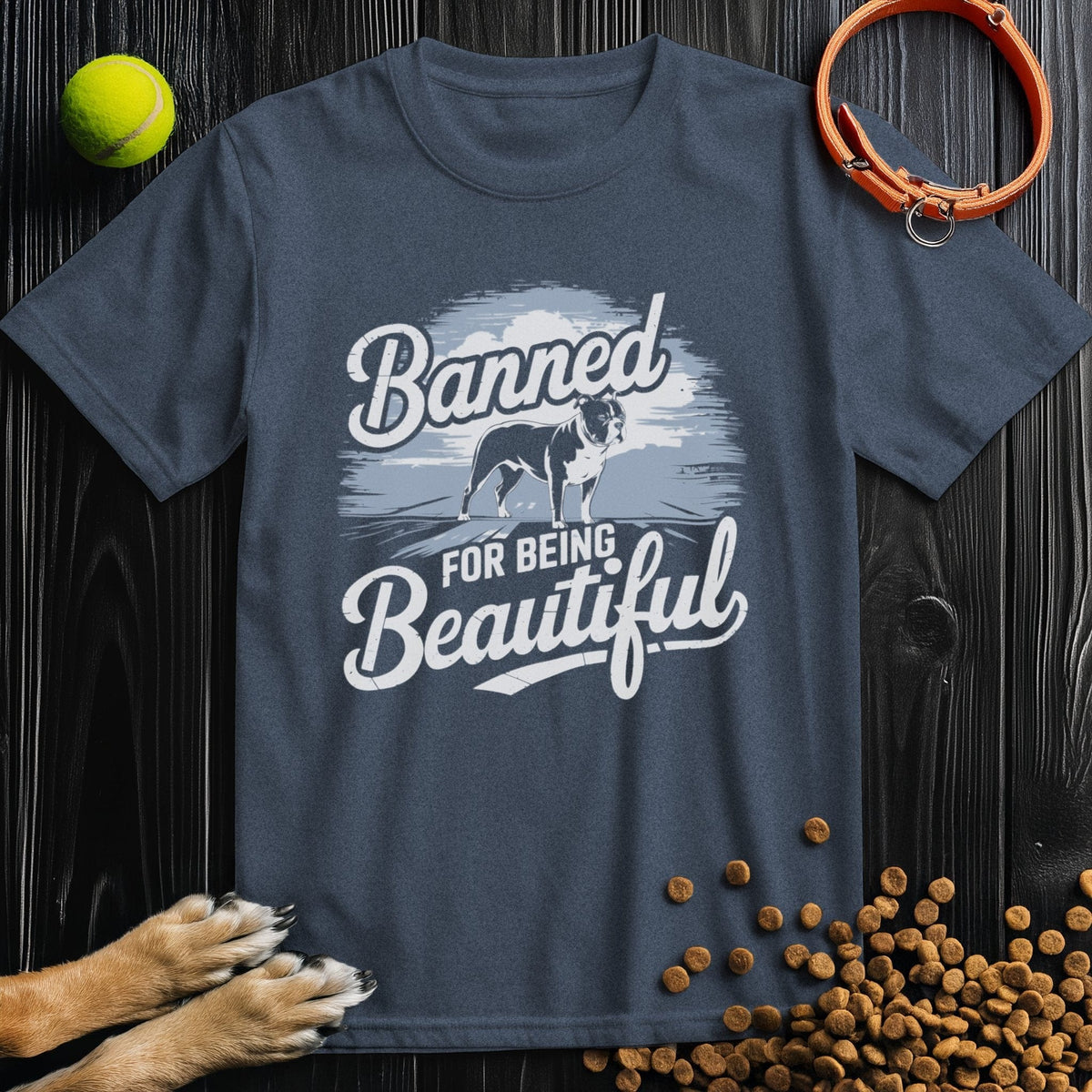 Navy Banned & Beautiful Pitbull T-Shirt made from 100% ring-spun cotton, featuring a pitbull silhouette and stylish typography.
