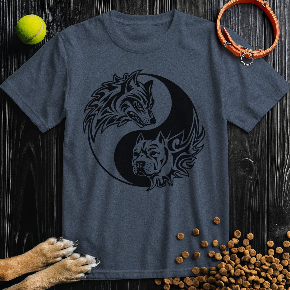 Dark gray Yin-Yang Wolf & Dog T-Shirt with black print, crafted in soft cotton. Stylish dog t-shirt perfect for everyday comfort and pet-themed fashion.