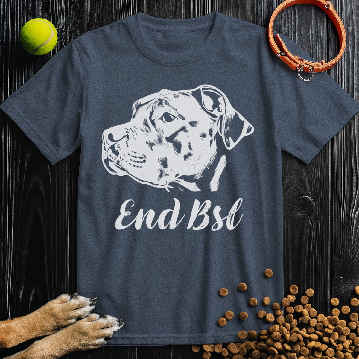 Navy blue Pitbull Dog T-Shirt with 'End BSL' slogan, crafted from ethical cotton for comfort and advocacy in everyday wear.