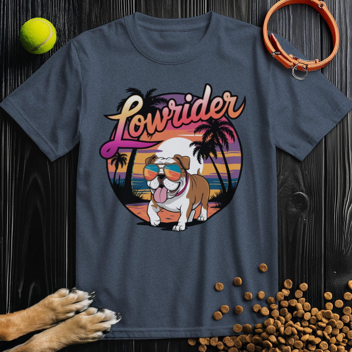 Lowrider Bulldog Sunset Tee in dark gray featuring a cartoon bulldog with sunglasses, palm trees, and sunset design. 100% cotton regular fit shirt.