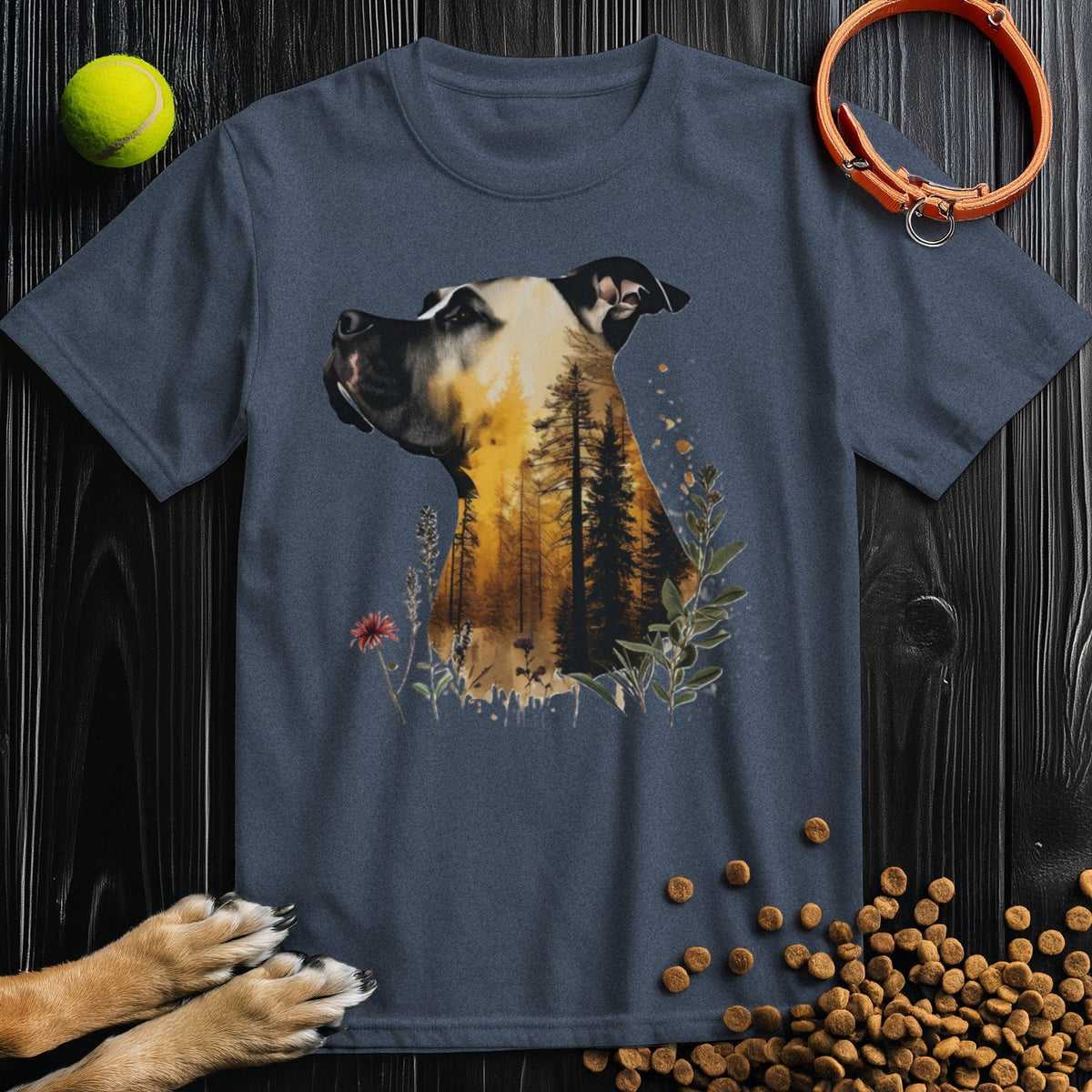 Pitbull Dog T-Shirt - Nature's Sentry in navy blue featuring a nature-inspired pitbull print, cotton fabric, ideal for summer wear.