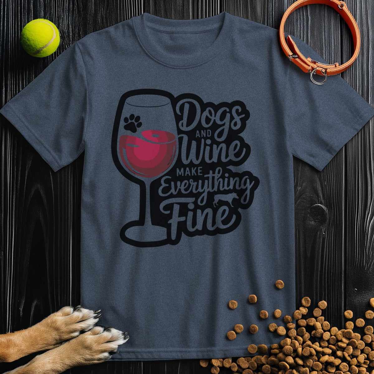Unisex navy blue Wine Drinking T-Shirt featuring a wine glass and dog-themed quote, made from soft 100% cotton for casual wear.