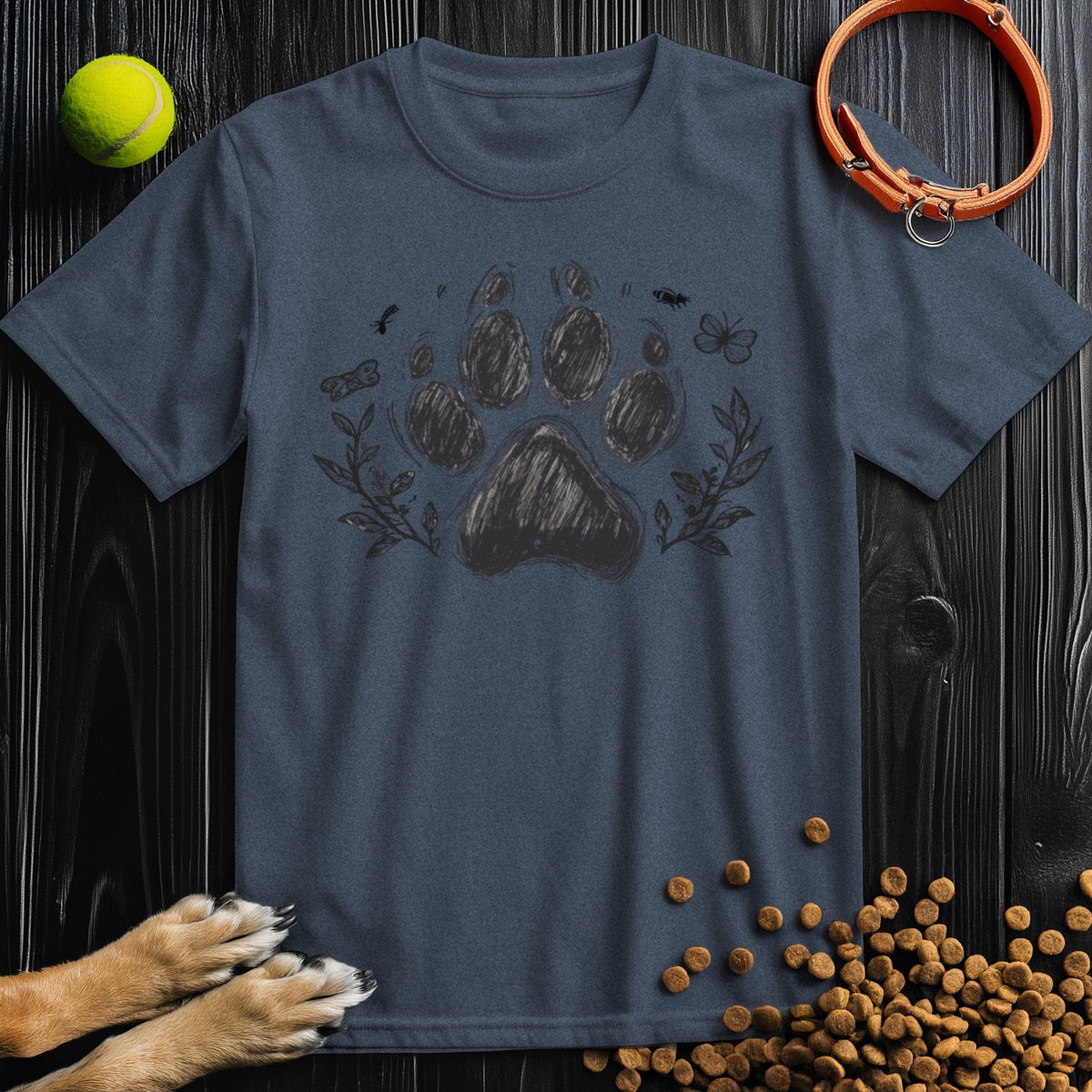 Navy blue cute dog shirt featuring a black paw print and nature-themed accents. Lightweight cotton tee ideal for casual summer wear.