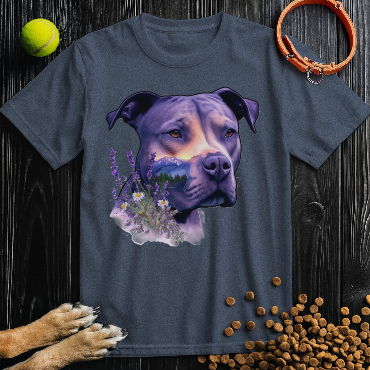 Nature's Guardian Shirt - Pitbull Dog T Shirt in navy blue featuring a lifelike pitbull portrait with lavender accents, soft cotton unisex fit.