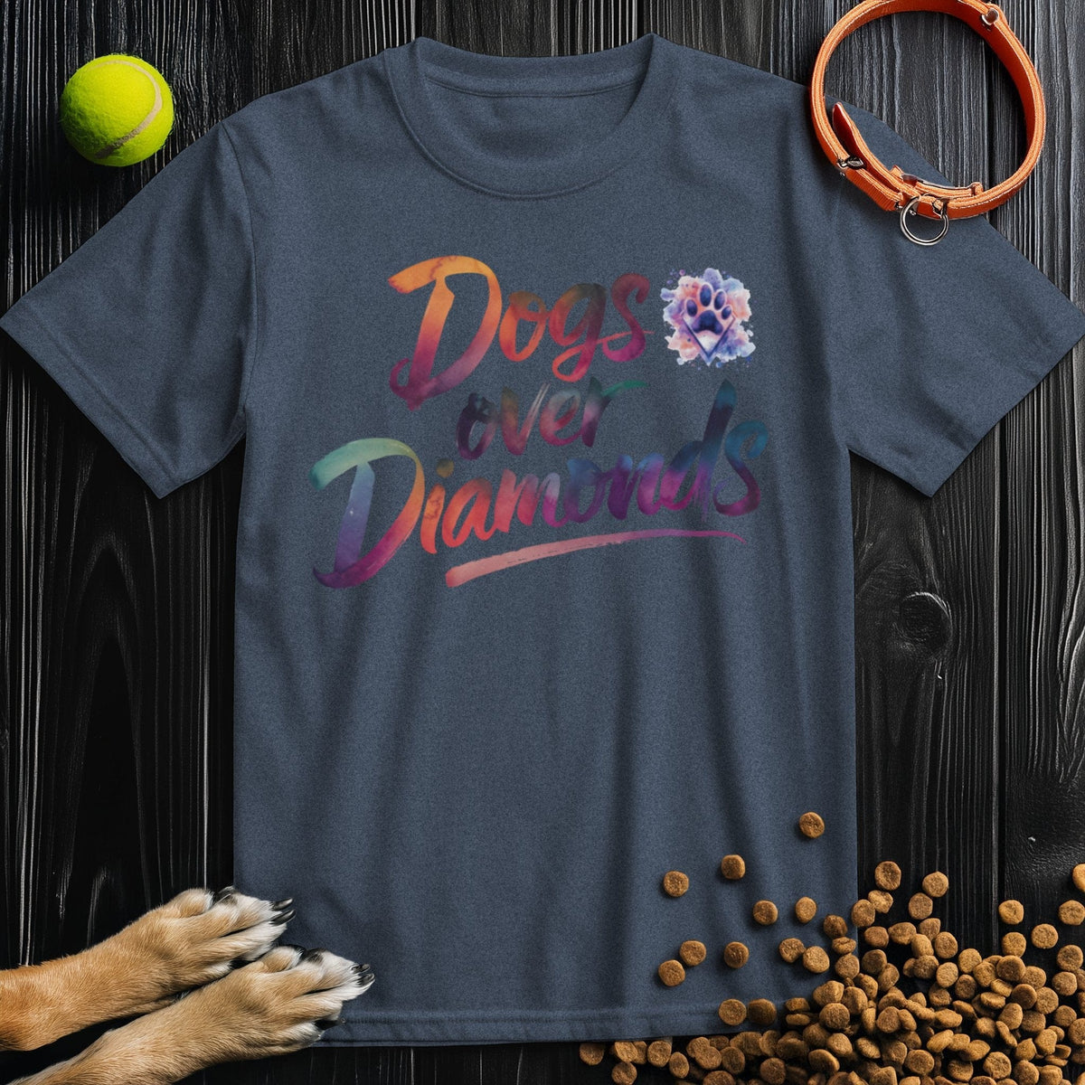 Dark gray Dogs Over Diamonds Watercolor T-Shirt with vibrant lettering and paw print, ideal dog lover apparel in breathable cotton.