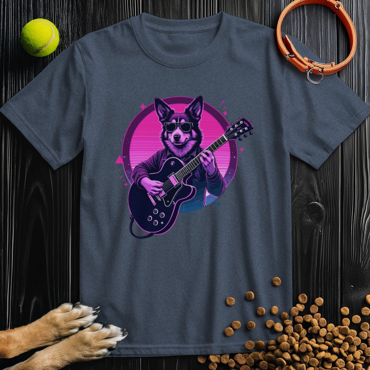 Bold Retro Style dog lover T-shirt in navy blue with a synthwave dog guitarist graphic. Made from soft cotton, perfect for casual wear.