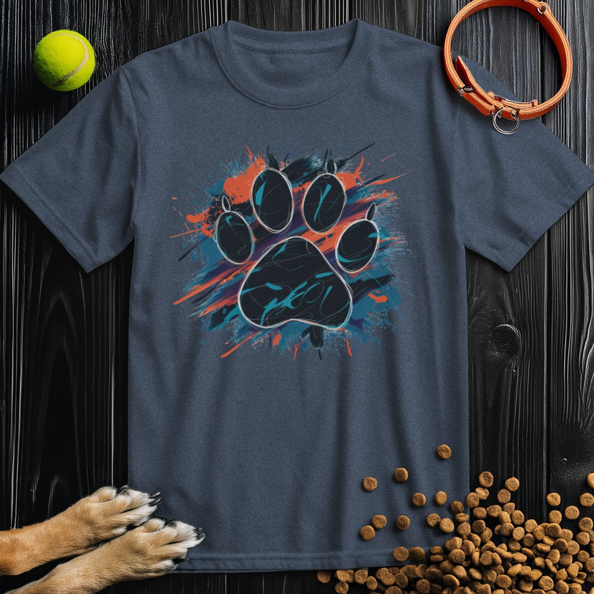 Navy blue Urban Dog Paw Print T-Shirt featuring bold splash paw graphic. Stylish unisex tee from Good Boy Mob supporting dog rescues.