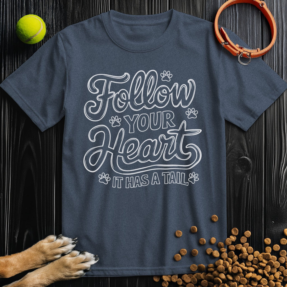 Navy Dog Lover T-Shirt featuring 'Follow Your Heart It Has A Tail' design, made from soft 100% cotton for everyday comfort.